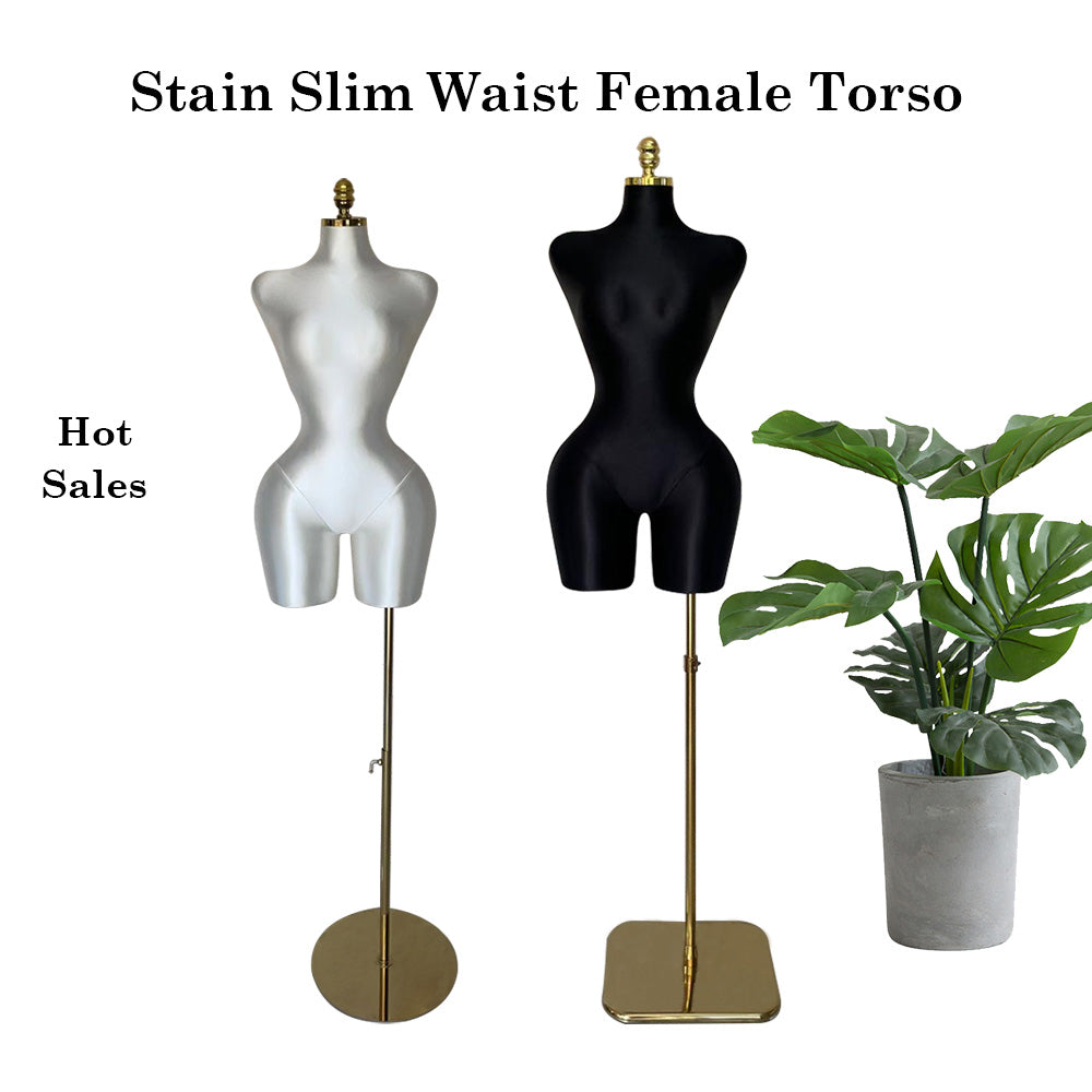 DE-LIANG Satin Female Half Body Mannequin, Adjustable Slim Waist Dress Form With Short Legs, Big Hip Wide Shoulder Mannequin Torso With Stand With