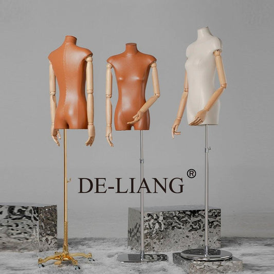 DE-LIANG  Luxury Female Half Body Mannequin,Fashion Leather Fabric Dress Form torso,Bust Model,Wooden Arm Head Dummy Female Body Clothing Display