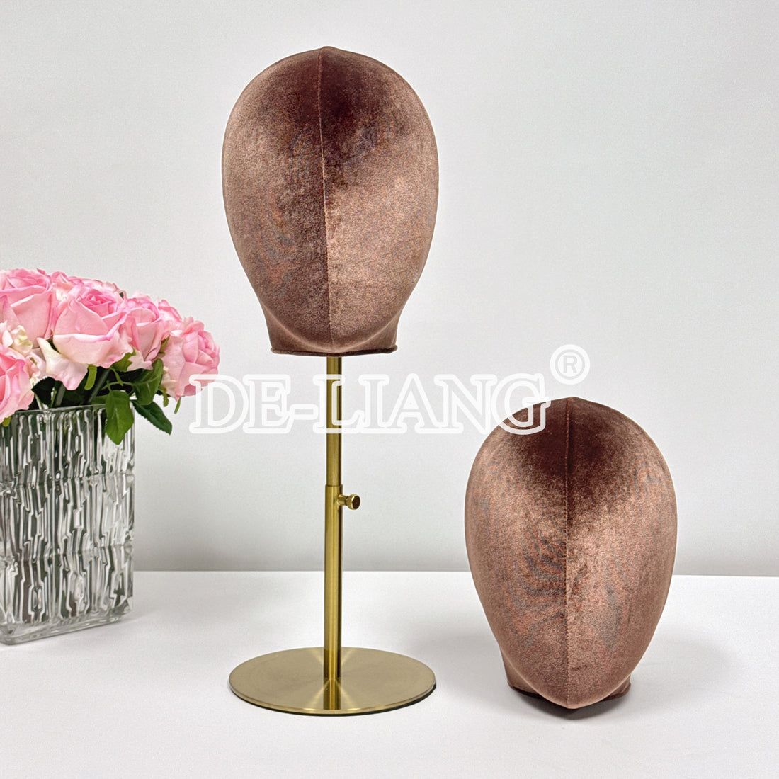 Luxurious Brown Velvet Head Mannequin with Golden Adjustable Metal Base