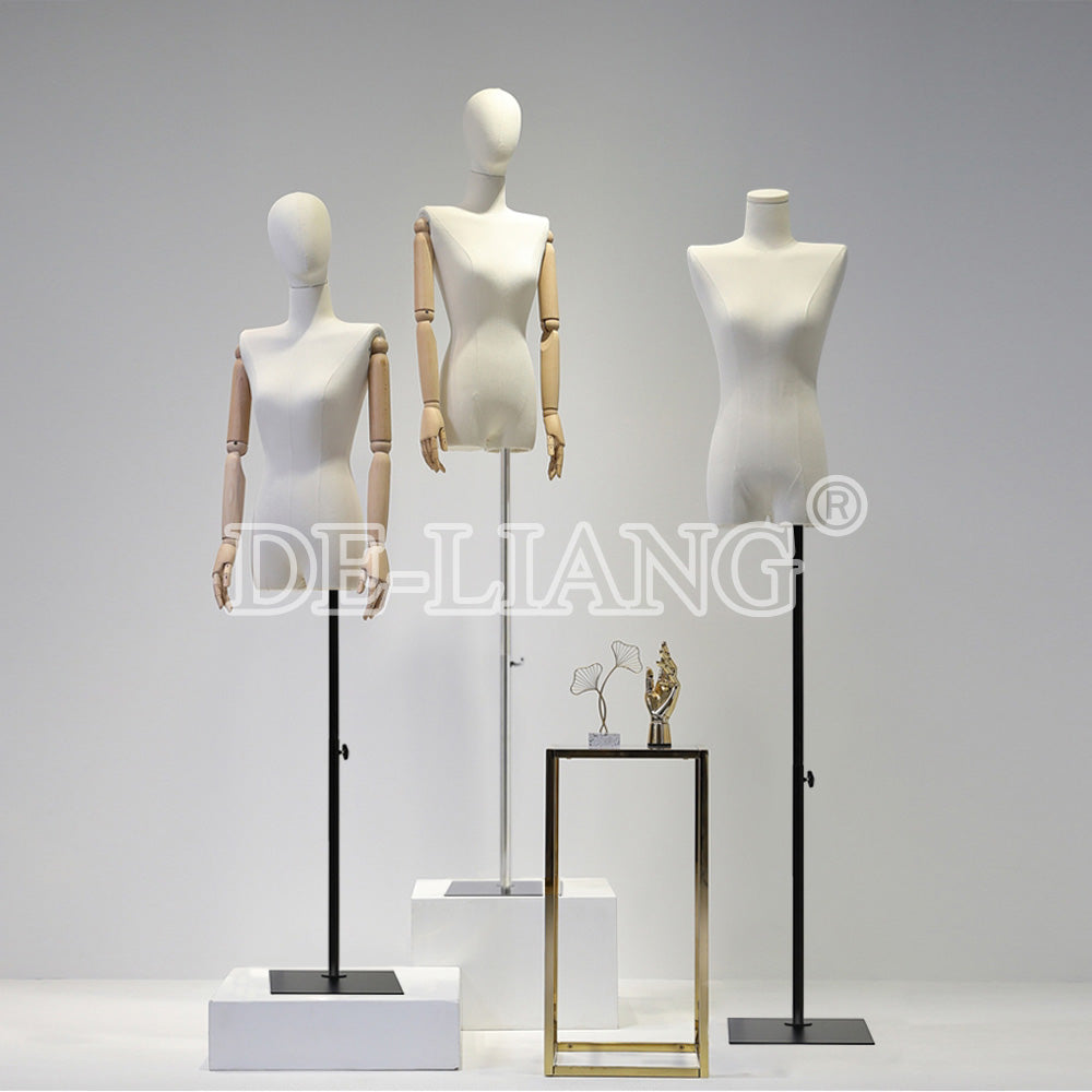 DE-LIANG Female Half Body Mannequin Torso with Wooden Arms – Ideal for Clothing Displays