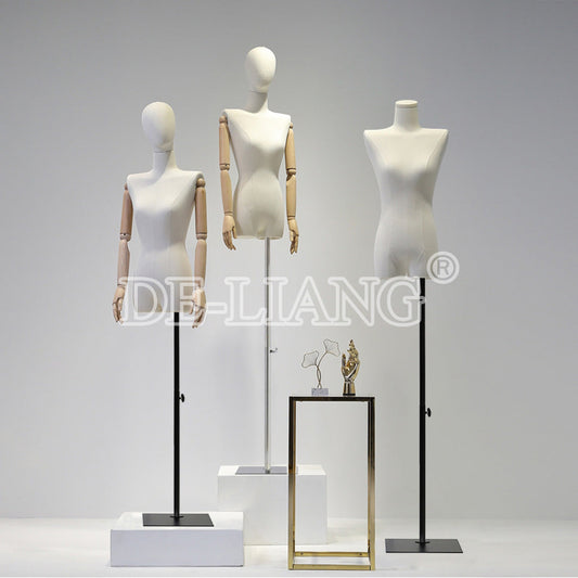 DE-LIANG Female Half Body Mannequin Torso with Wooden Arms – Ideal for Clothing Displays