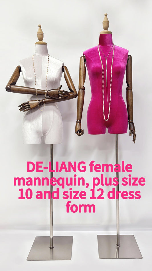 DE-LIANG female mannequin, plus size 10 and size 12 dress form for window display, customize velvet display model with wooden arms dummy