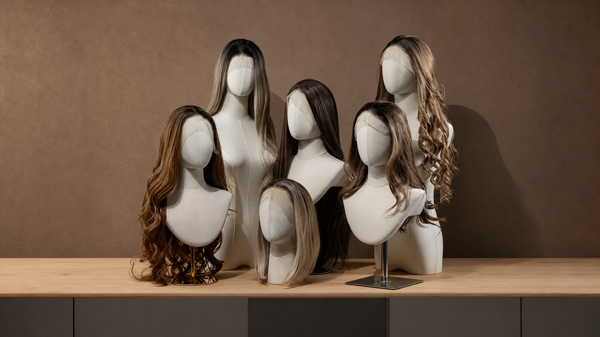 Long brunette and blonde wigs displayed on female fabric mannequin heads and torso forms