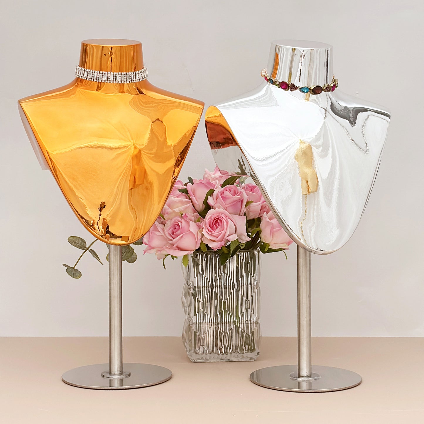 Golden Bust Form, Chrome Mirror Silver Jewelery Display Mannequin, Electroplated Fiberglass Bust Torso for Window Display,Pendant Holder