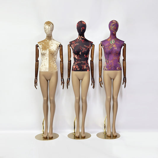 Mannequin de luxe corps entier, torse de femme DE-LIANG avec bras en bois noir, haut du corps en velours et peinture jambe marron, 1 pièce