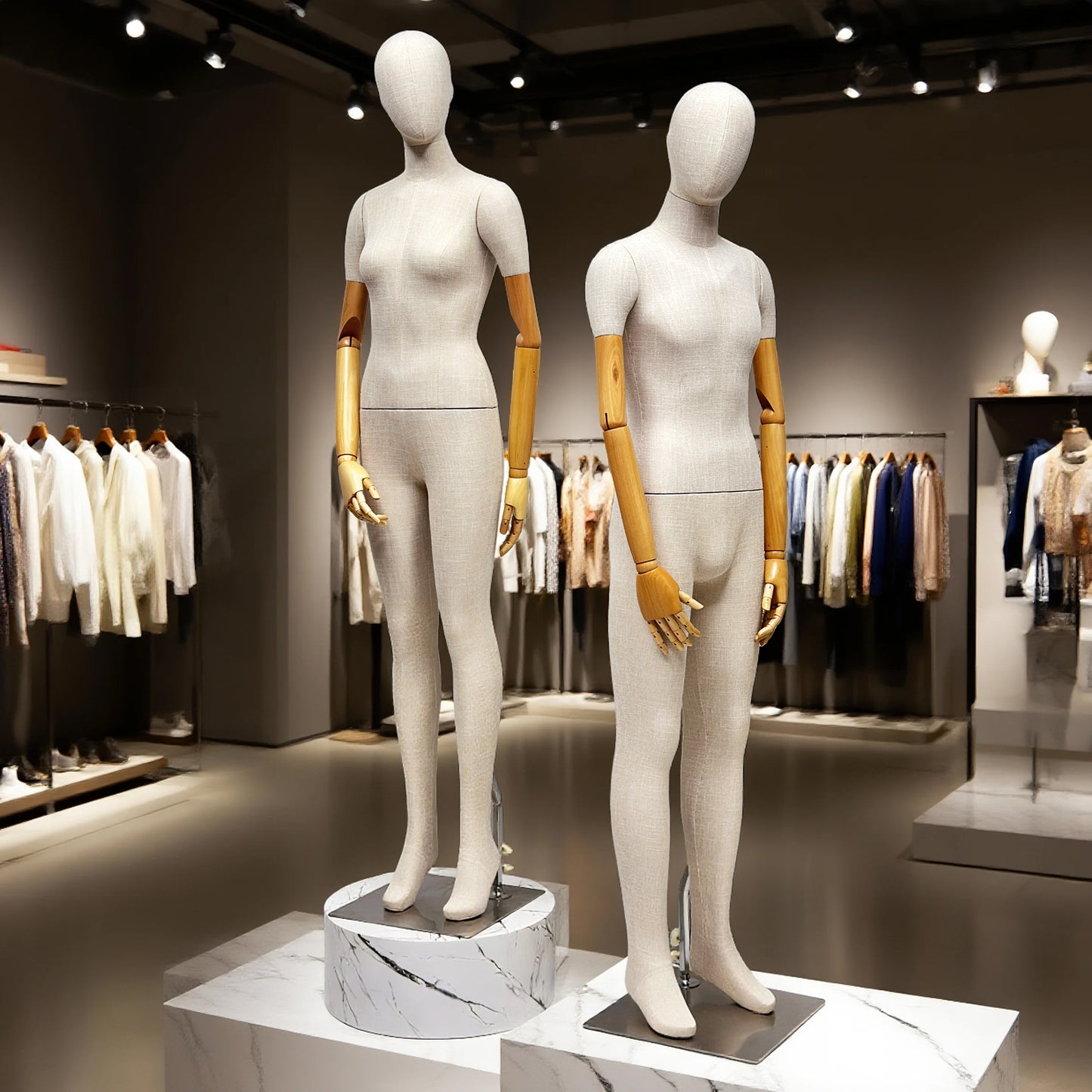 Luxury Female Male Full Body Bamboo Beige Linen Display Mannequin with Fiberglass Short Arms Maniquin Vintage,Jewelry bust display 1 pcs