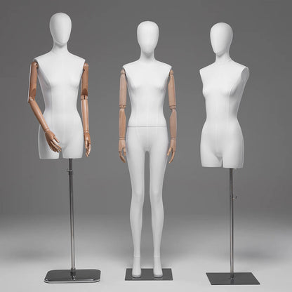 DE-LIANG Female Full / Half Body Mannequin with Adjustable Wooden Arms,Dress Form Display Torso with Metal Stand,Linen & White Finish Display Mannequins for Clothing Store
