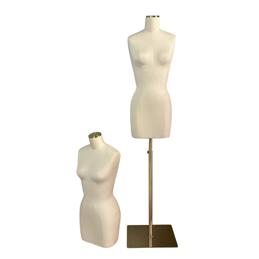 DE-LIANG Female Headless Dress Form, Fiberglass Cotton Linen Fabric Full Body Sewing Mannequin Tailor Dress Form, Adult Mannequin Torso With Golden Square Metal Base, No Logo