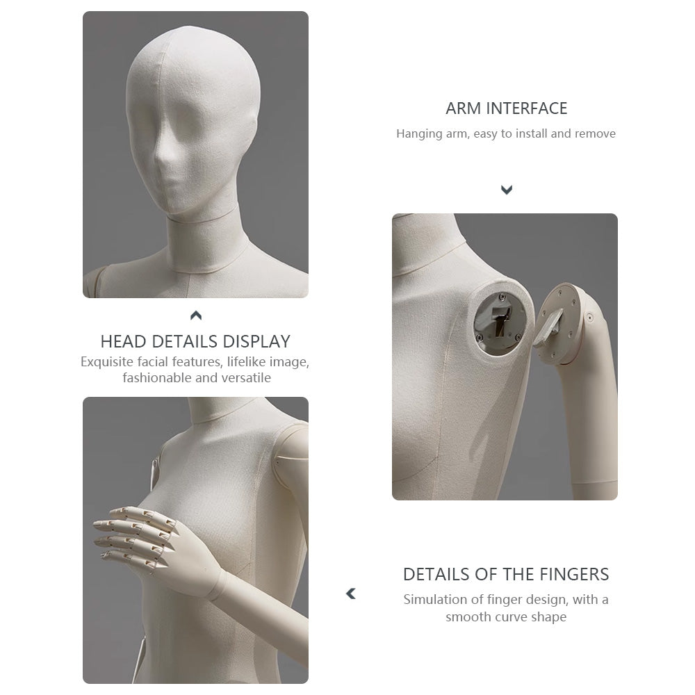 DE-LIANG Luxury Full Body Female Mannequin Set,Fabric Covered Retail Display Mannequins with Arms & Metal Base,Window Display, Boutique Clothing Form, Retail Visual Merchandising
