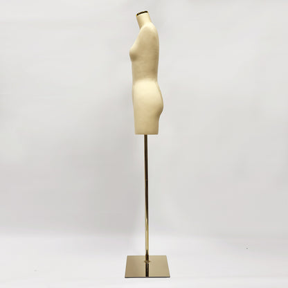 DE-LIANG Female Headless Dress Form, Fiberglass Cotton Linen Fabric Full Body Sewing Mannequin Tailor Dress Form, Adult Mannequin Torso With Golden Square Metal Base, No Logo