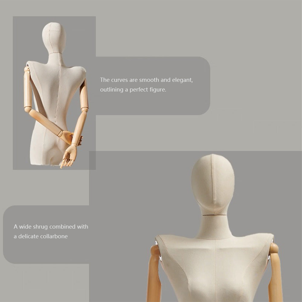 DE-LIANG Female Half Body Mannequin Torso with Wooden Arms & Metal Base