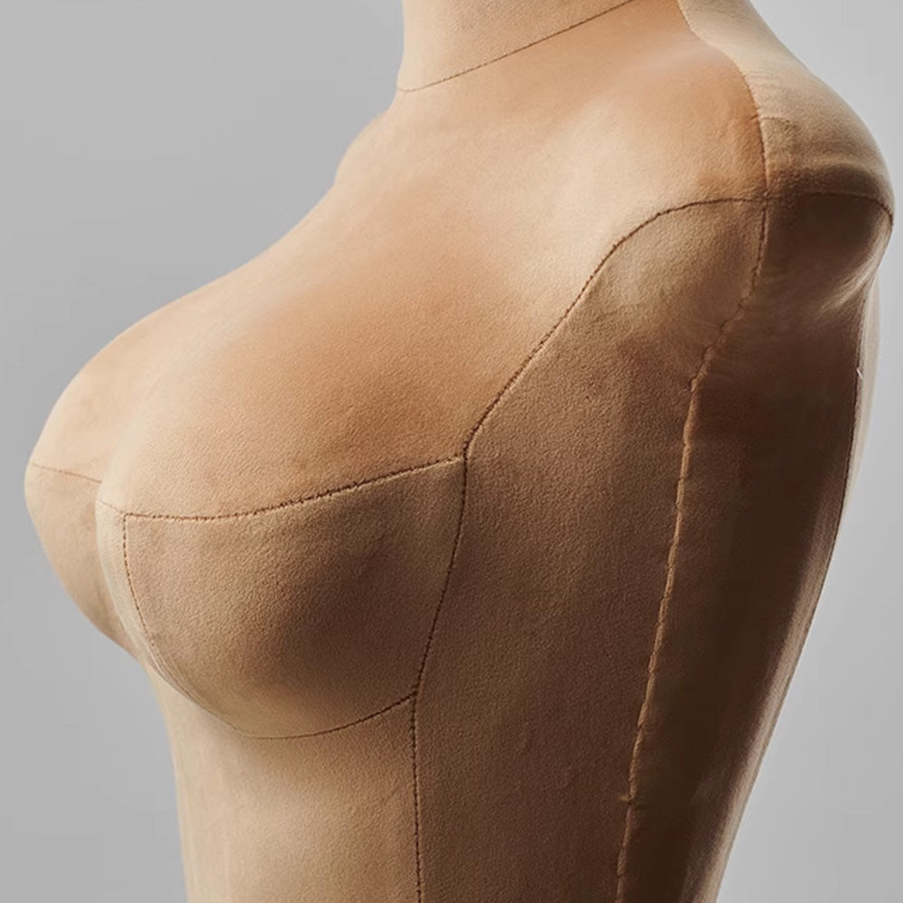 DE-LIANG Maniquí femenino de lujo de talla grande con brazos dorados, maniquí de torso de gamuza rosa, modelo de exhibición de torso de maniquí de talla grande