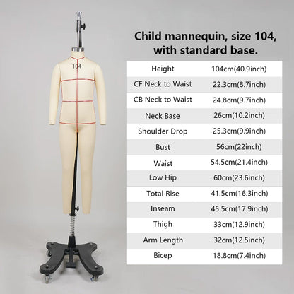 DE-LIANG Professional Children's Full-Body Dress Form with Removable Arms – Adjustable Dressmaking Mannequin for Draping & Pattern Cutting