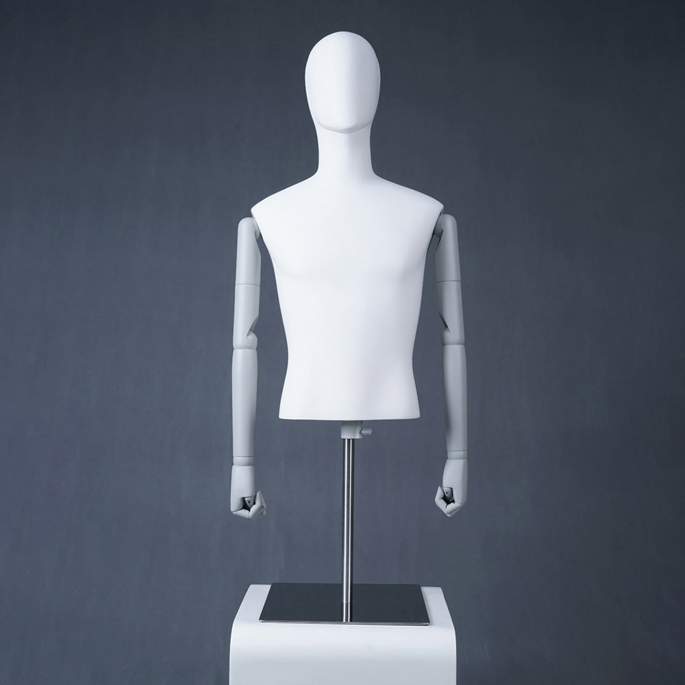 DE-LIANG Male Full & Half Body Mannequin Set | White Fiberglass Dress Form Display with Adjustable Wooden Arms | Standing & Sitting Male Mannequin for Clothing Store Window Display