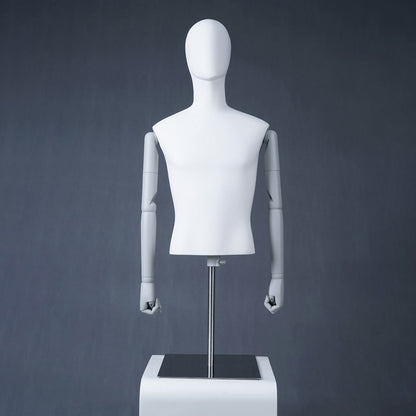 DE-LIANG Male Full & Half Body Mannequin Set | White Fiberglass Dress Form Display with Adjustable Wooden Arms | Standing & Sitting Male Mannequin for Clothing Store Window Display
