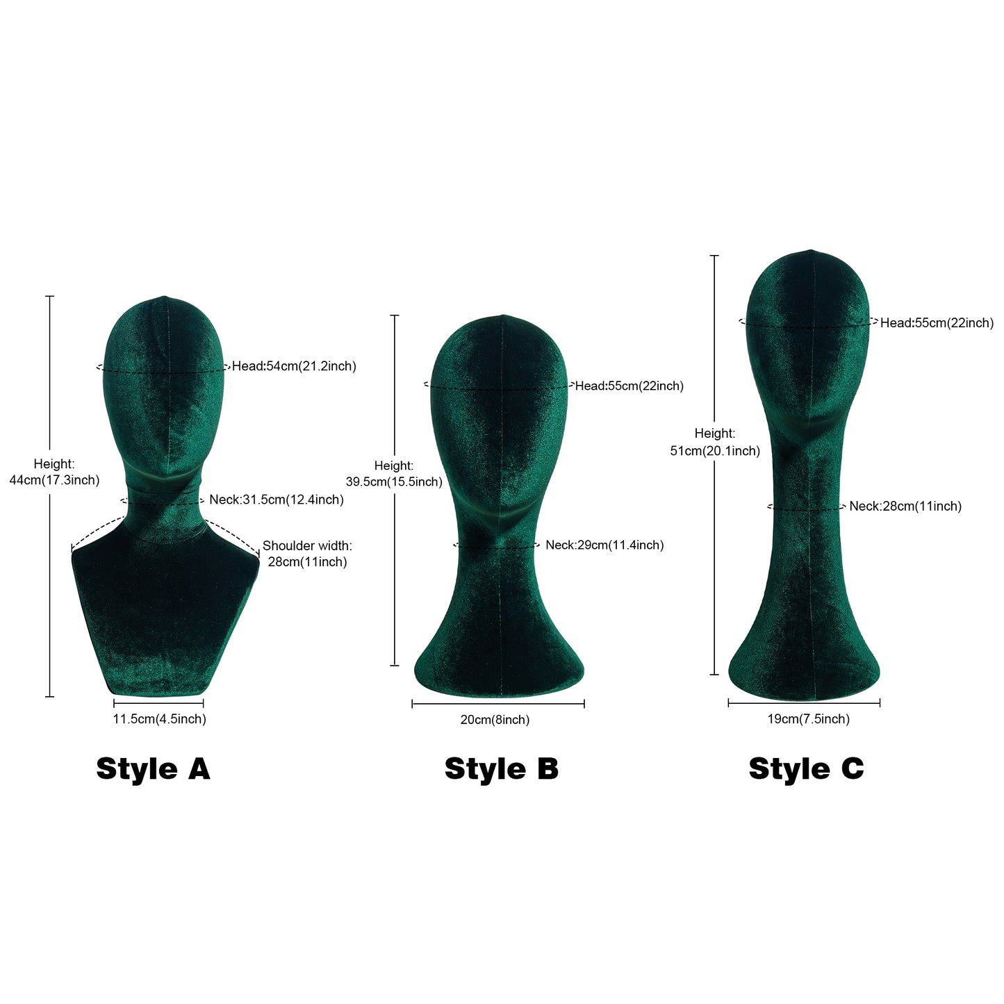 Luxurious Green Velvet Head Model, Fully Pinnable Cloth Head Mannequin, Head Hat Stand/Display, lace Head Wig Stand, Hat Rack w/ Fabric DLB38-VGR/DLB45-VGR/DLB50-VGR