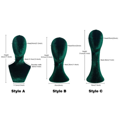 Luxurious Green Velvet Head Model, Fully Pinnable Cloth Head Mannequin, Head Hat Stand/Display, lace Head Wig Stand, Hat Rack w/ Fabric DLB38-VGR/DLB45-VGR/DLB50-VGR DE-LIANG