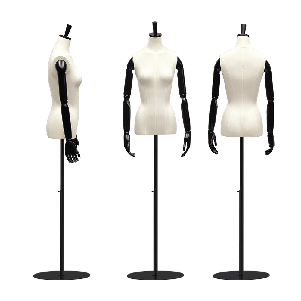 Mannequin femme sans tête blanc beige, couvre-cou en bois noir et tête en tissu à deux fonctions avec modèle de base ronde noire pour présentation de vêtements