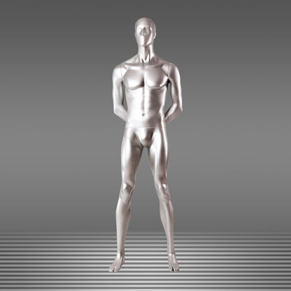 DE-LIANG Male Full Body Mannequins Set | Silver Fiberglass Dress Form Display with  Arms | Standing & Sitting Male Mannequin for Clothing Store Window Display