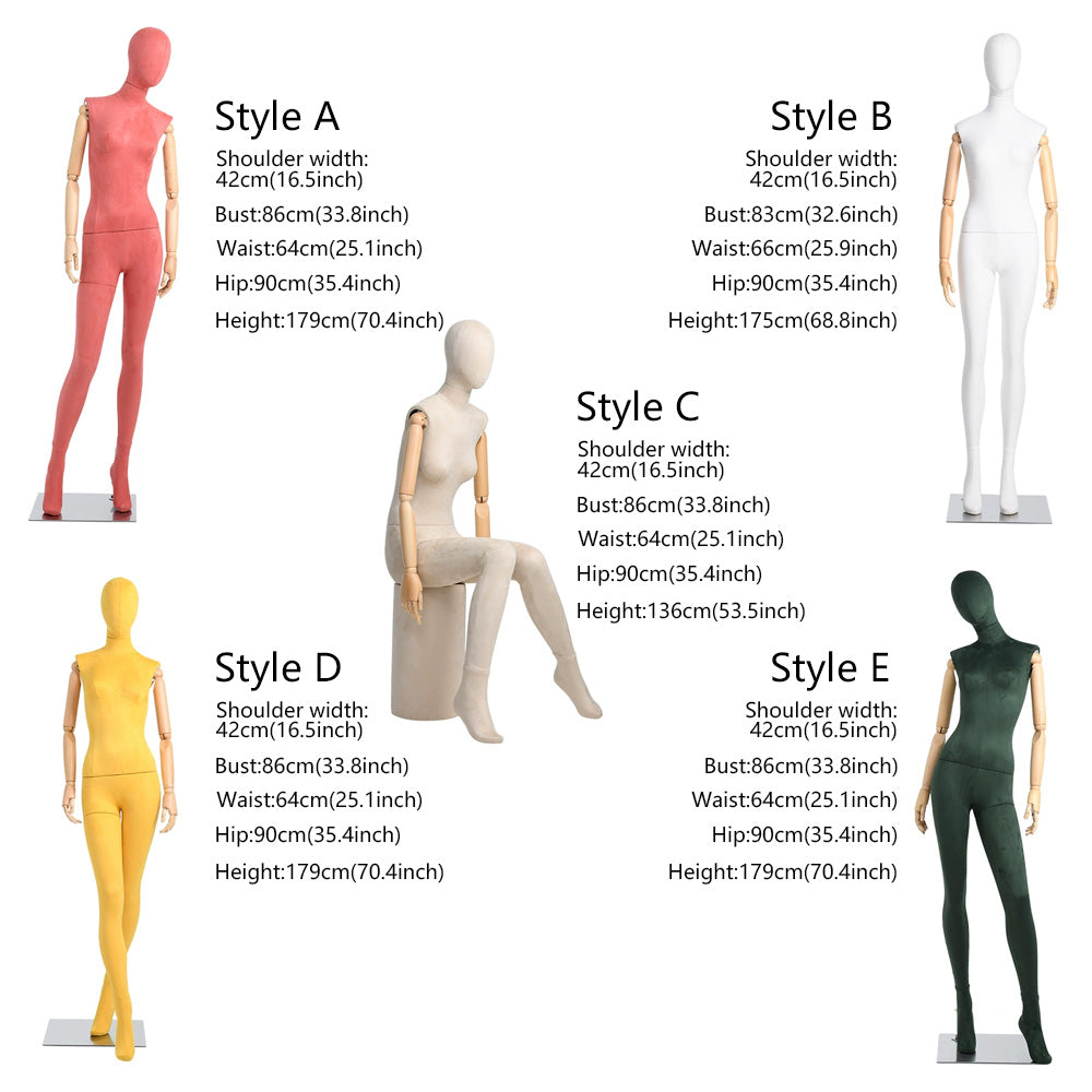 DE-LIANG Suede Female Full Body Mannequin with Wooden Arms,Coloful Fabric Dress Form Display Model for Clothing Stores