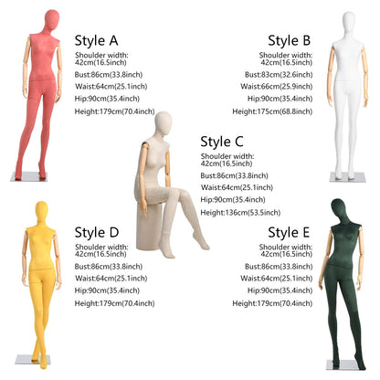 DE-LIANG Suede Female Full Body Mannequin with Wooden Arms,Coloful Fabric Dress Form Display Model for Clothing Stores