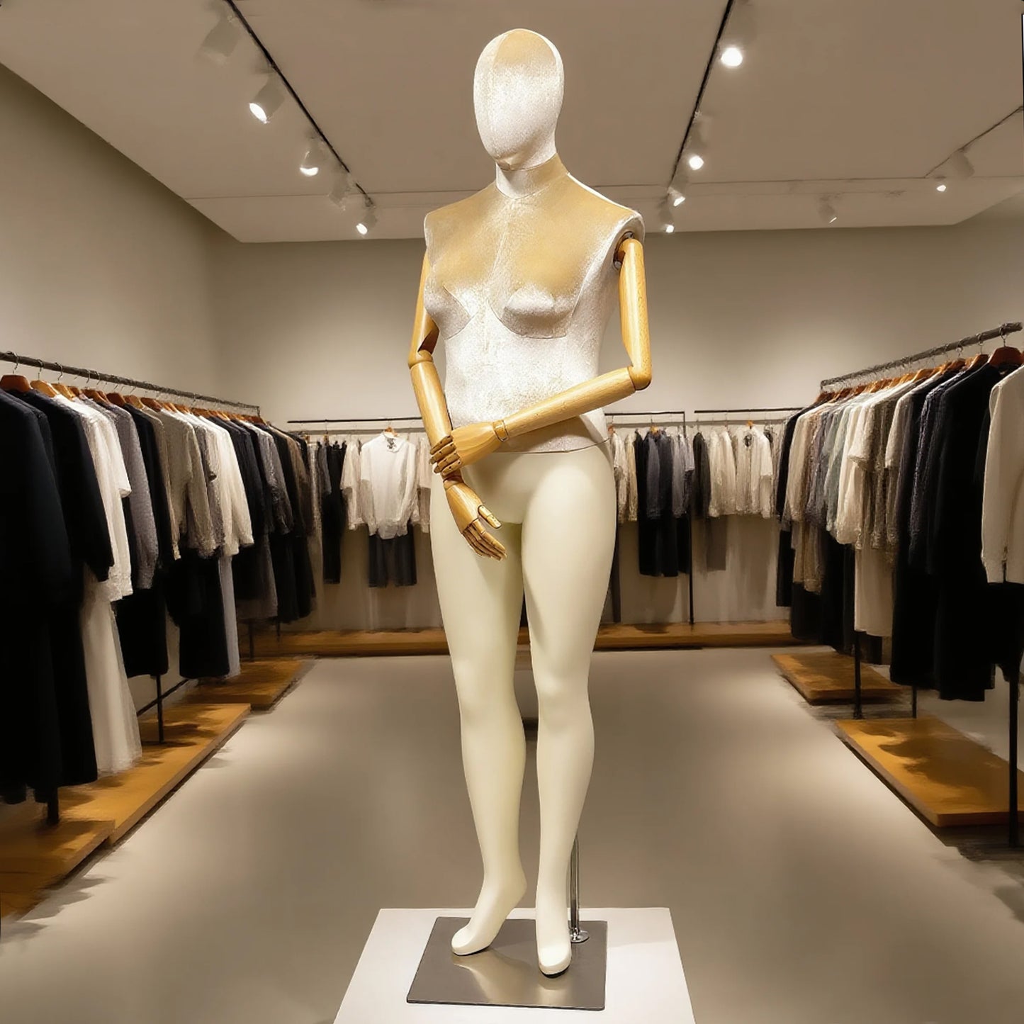 DE-LIANG Elegant Plus Size Female Mannequin with Wood Arms,Upper Velvet Body and Painted Legs,Women Dress Form,Window Display Troso with Silver Base