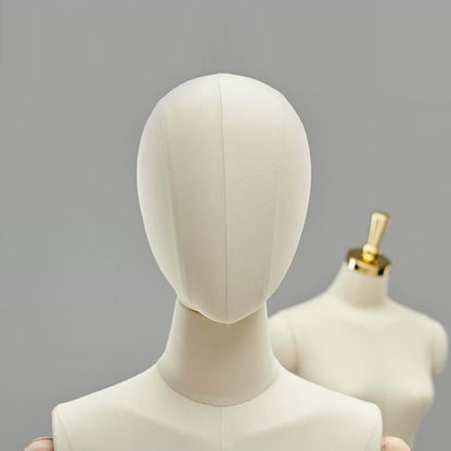 Natural Beige Female Half Body Mannequin With Adjustable Gold Square Base and Wooden Arms,Golden Head Cover Female Mannequin Dress Form DL0071 De-Liang Dress Forms