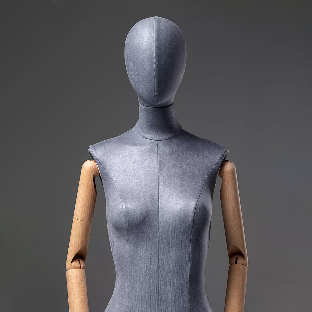 Grey Suede Female Full Body Mannequin with Wooden Arms