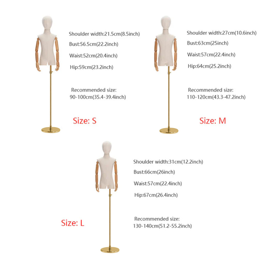 DE-LIANG Luxury Kids Mannequin with Wooden Arms, Canvas Fabric SML size Child Half Body Dress Form Model for Cloth Display, Bamboo Linen De-Liang Dress Forms