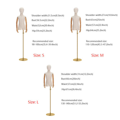 DE-LIANG Luxury Kids Mannequin with Wooden Arms, Canvas Fabric SML size Child Half Body Dress Form Model for Cloth Display, Bamboo Linen De-Liang Dress Forms