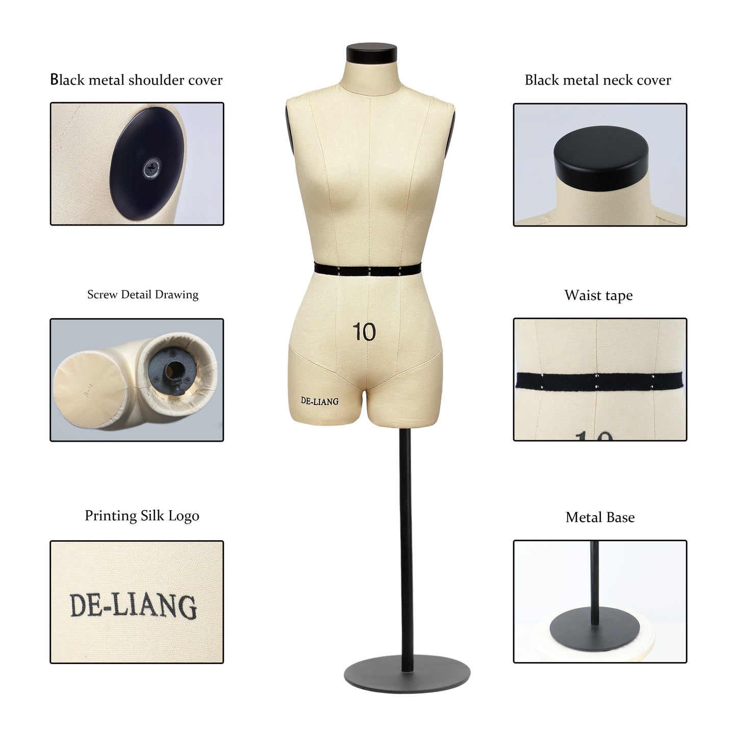 DE-LIANG Half Scale Dress Form with Soft Arms（Size 10）