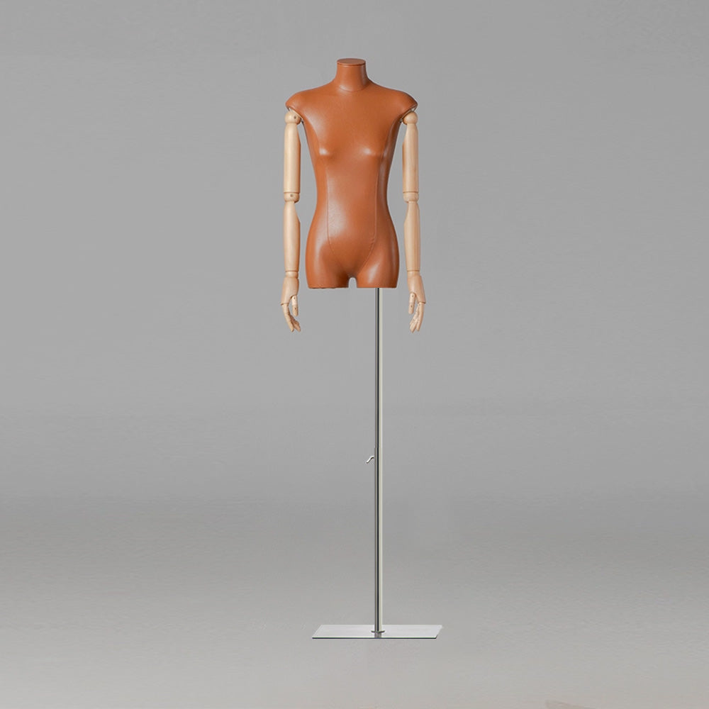 Maniquí femenino de lujo de medio cuerpo, torso de tela de cuero de moda, modelo de busto, maniquí de cabeza con brazo de madera, exhibición de ropa femenina.