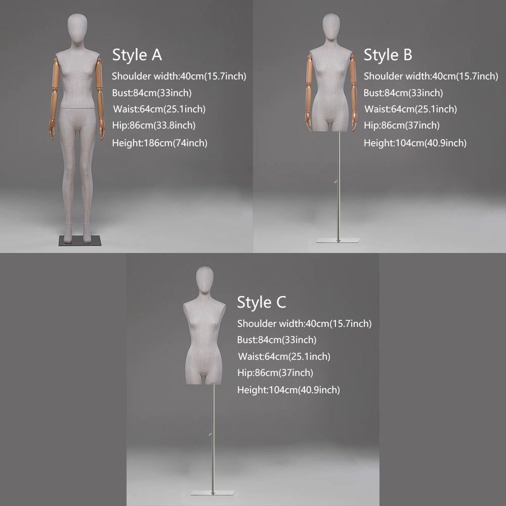 DE-LIANG Female Full / Half Body Mannequin with Adjustable Wooden Arms,Dress Form Display Torso with Metal Stand,Linen & White Finish Display Mannequins for Clothing Store