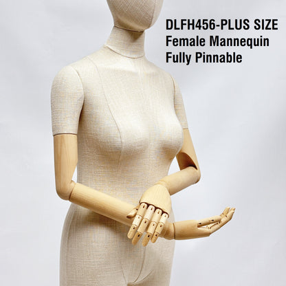 Maniquí femenino de lino de talla grande, totalmente sujetable con alfileres, forma de busto de tela, torso de medio cuerpo, forma de vestido con brazos de madera, base dorada.