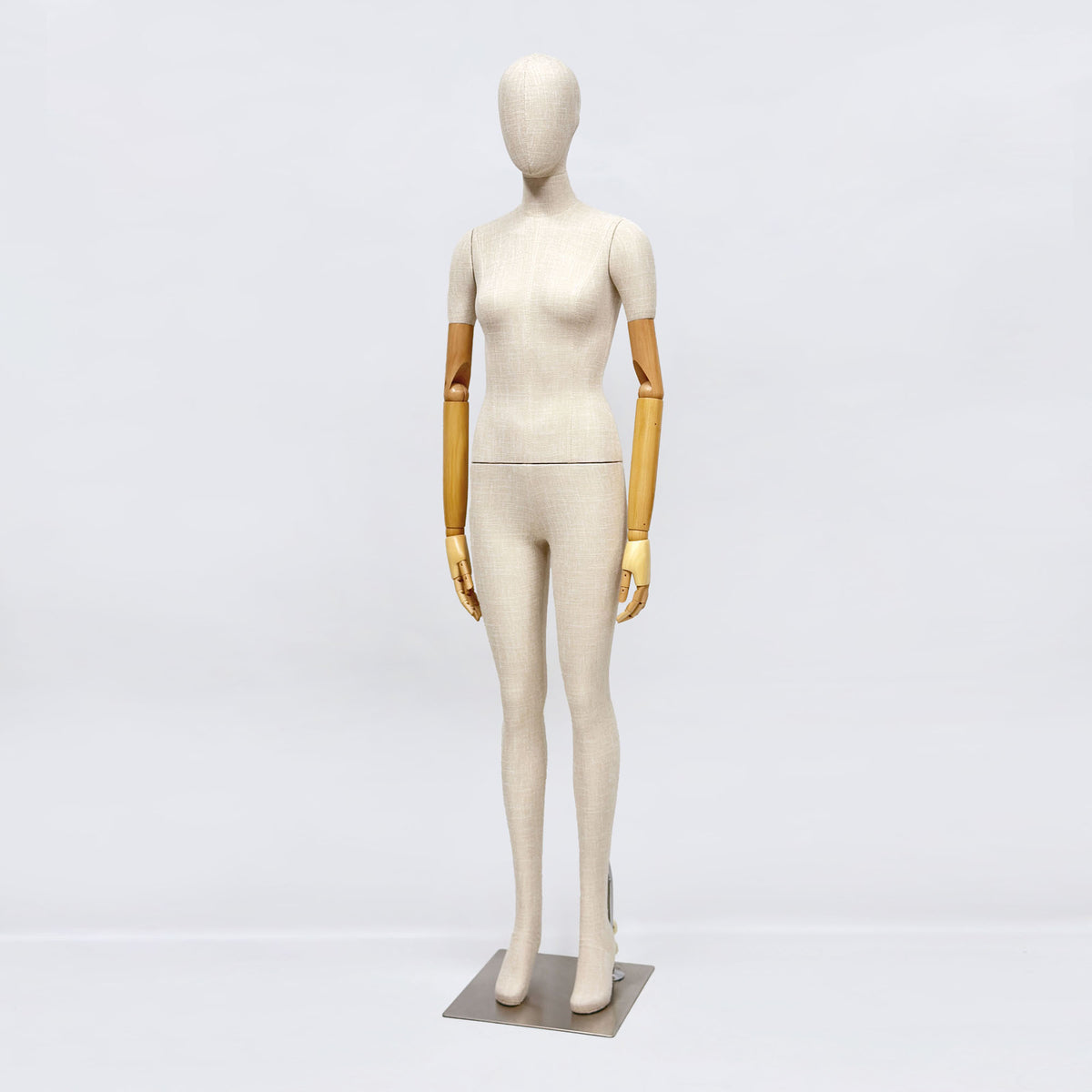 Professional female display mannequin with beige linen fabric covering