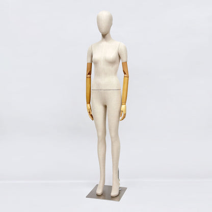 Luxury Female Male Full Body Bamboo Beige Linen Display Mannequin with Fiberglass Short Arms Maniquin Vintage,Jewelry bust display 1 pcs