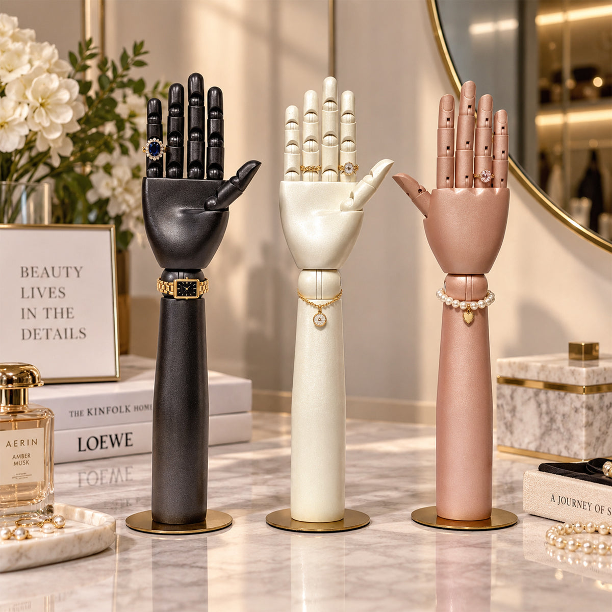 DE-LIANG Pearlescent Mannequin Head & Wooden Hand Display Set for Jewelry, Fashion & Retail
