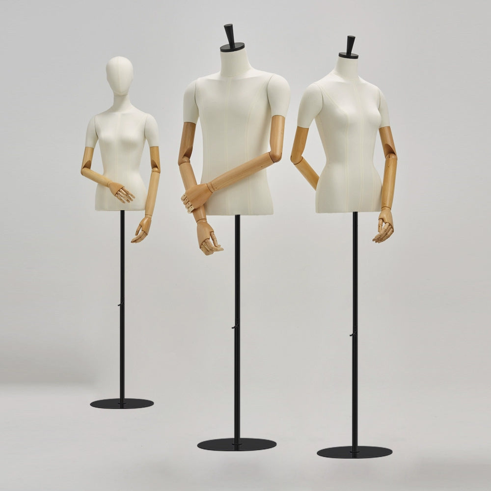 DE-LIANG Headless Female White Beige Display Mannequins, Black Wood Neck Cover and Fabric Head Two Function with Black Round Base Model For Clothing Display