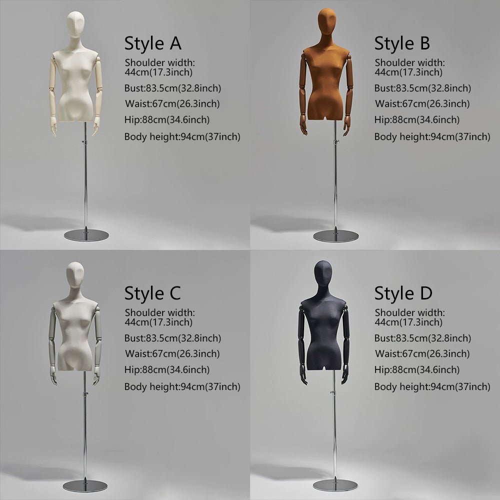 female half body mannequin with arms for boutique clothing display