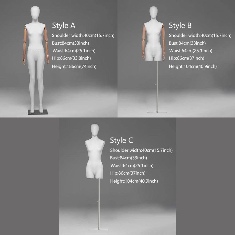 DE-LIANG Female Full / Half Body Mannequin with Adjustable Wooden Arms,Dress Form Display Torso with Metal Stand,Linen & White Finish Display Mannequins for Clothing Store