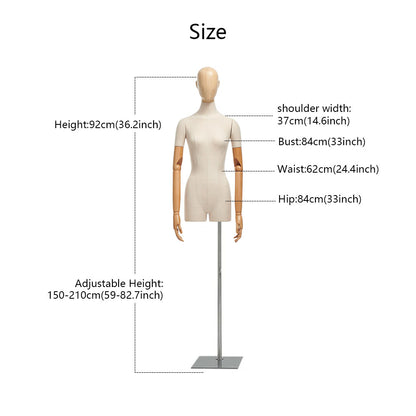 Luxury Female Male Dress Form, Linen Display Mannequin with Wooden Head Model for Fashion Cloth Dressmaker Dummy. Square Silver Base DE-LIANG