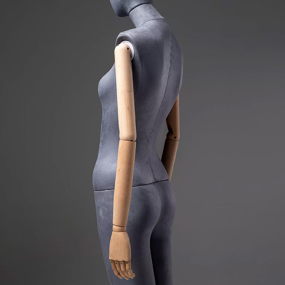 Grey Suede Female Full Body Mannequin with Wooden Arms