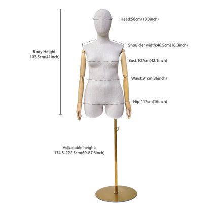 Adult Female Plus Size Torso Mannequin,Half Body Mannequin Torso,Bamboo Linen Fabric Clothing Dress Form,Adult Props with Wooden Arms,Mannequin for Cloth Window Display DE-LIANG