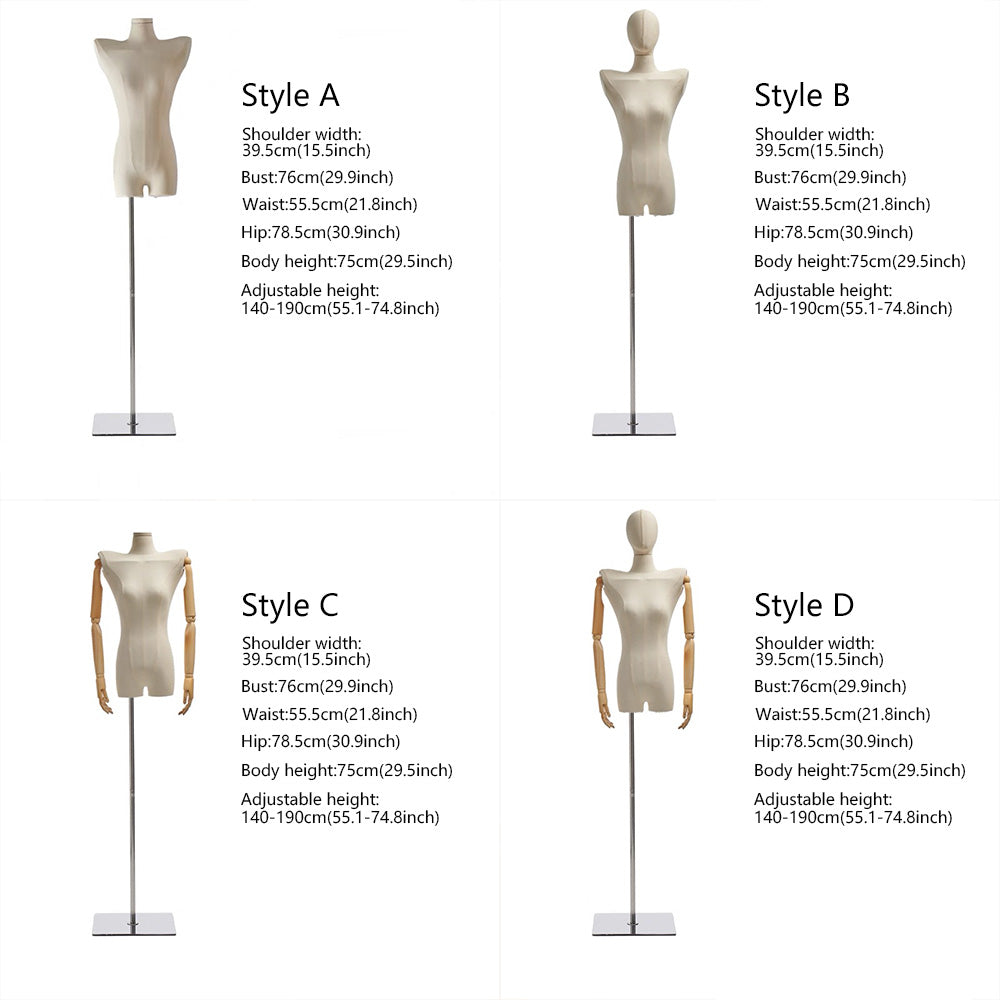 DE-LIANG Female Half Body Mannequin Torso with Wooden Arms & Metal Base