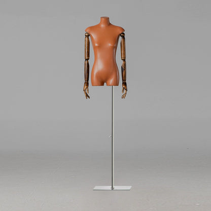 Maniquí femenino de lujo de medio cuerpo, torso de tela de cuero de moda, modelo de busto, maniquí de cabeza con brazo de madera, exhibición de ropa femenina.