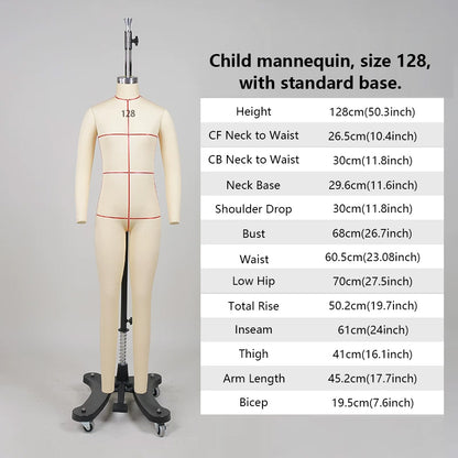 DE-LIANG Professional Children's Full-Body Dress Form with Removable Arms – Adjustable Dressmaking Mannequin for Draping & Pattern Cutting