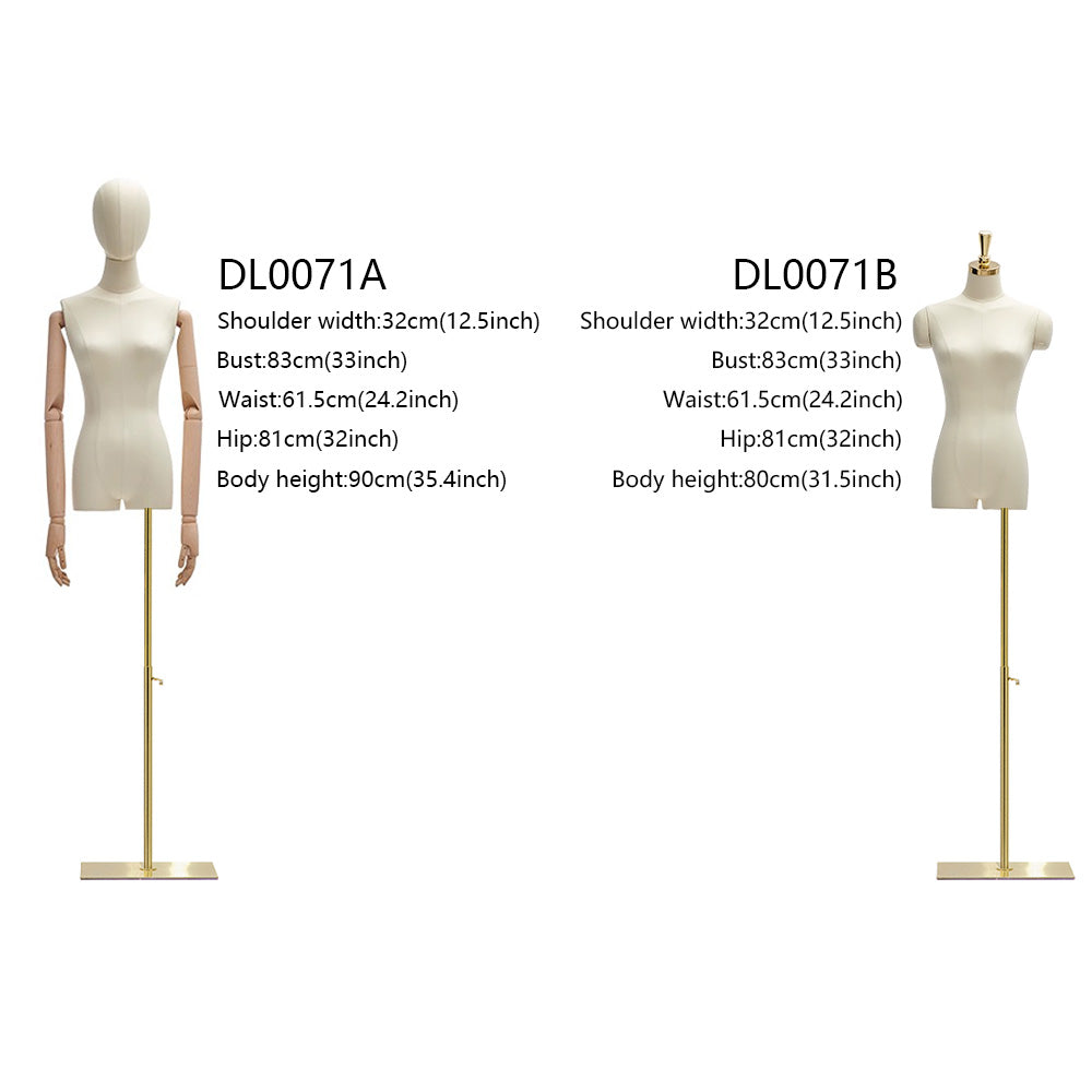 Natural Beige Female Half Body Mannequin With Adjustable Gold Square Base and Wooden Arms,Golden Head Cover Female Mannequin Dress Form DL0071 De-Liang Dress Forms