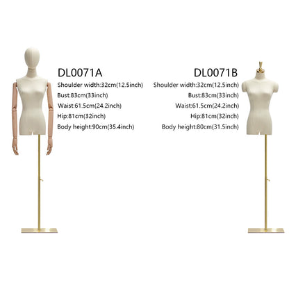 Natural Beige Female Half Body Mannequin With Adjustable Gold Square Base and Wooden Arms,Golden Head Cover Female Mannequin Dress Form DL0071 De-Liang Dress Forms