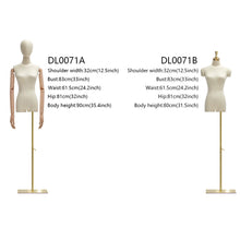 Load image into Gallery viewer, Natural Beige Female Half Body Mannequin With Adjustable Gold Square Base and Wooden Arms,Golden Head Cover Female Mannequin Dress Form DL0071
