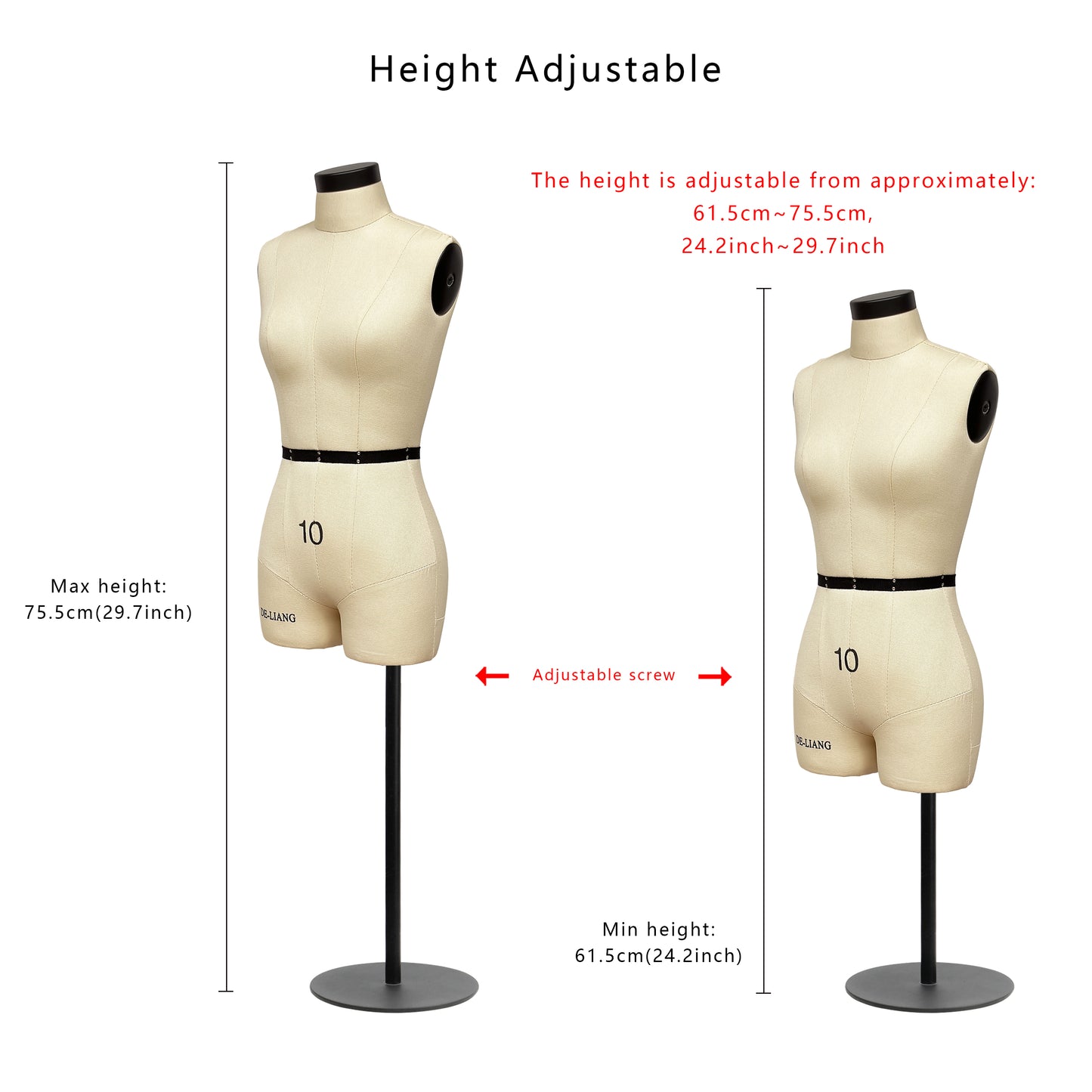 DE-LIANG Half Scale Dress Form with Soft Arms（Size 10）